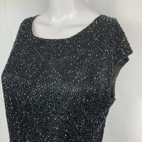 Laurence Kazar Shirt Women M Short Sleeve Evening Top Black Silk Beaded Zip Back - Picture 2 of 9